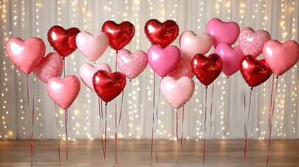 Poster -   A white curtain with red and pink heart-shaped balloons in front, wooden floor, and lights behind