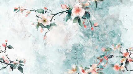 Wall Mural -   Pink flowers, green leaves, blue & white background, light blue sky