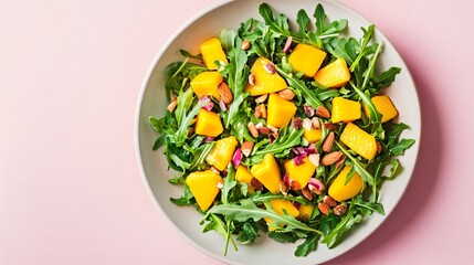 Mango salad with arugula and almonds, displayed on a soft pastel pink background