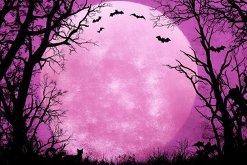 Wall Mural - A purple Halloween background with black silhouettes of trees, bats, and howling wolves empty space for text Generative AI