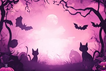 Wall Mural - A purple Halloween-themed background with silhouettes of cats, bats, and pumpkins The color scheme is pink and black empty space in the center for text Generative AI