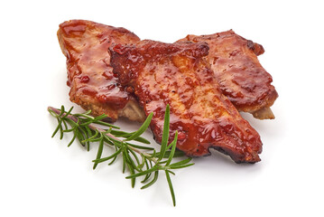 Delicious Grilled Ribs with bbq sauce, isolated on a white background. Close-up.