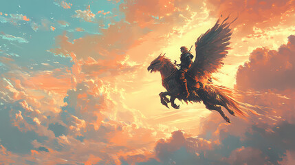 Wall Mural - Knight riding a griffin in the sky, generative ai. Griffin Rider. Illustration