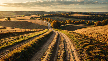 Poster - Chemin de campagne au coucher du soleil