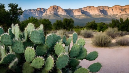 Wall Mural - Prickly Pear Cacti Against the Backdrop of Sandia Mountains in New Mexico