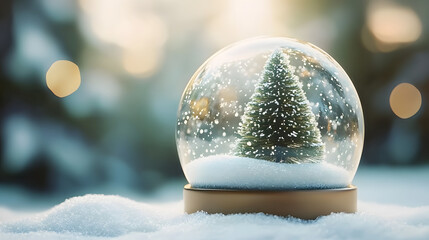 Sticker - Snow globe with christmas tree on snow and bokeh background.