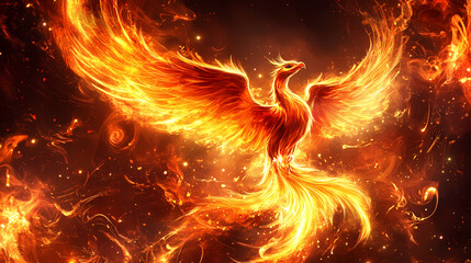 imaginary phoenix rising from ashes, symbolizing rebirth and motivation, vibrant flames. phoenix ris