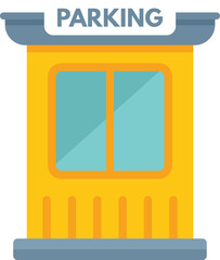 Poster - Yellow parking entrance booth with a gray base and a blue roof, featuring an open window, symbolizing controlled access and payment for parking services