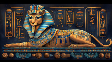 Intricate egyptian sphinx artwork with hieroglyphs, featuring vibrant gold and blue details, showcasing ancient cultural symbolism. Sphinx Riddle. Illustration