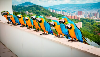 Vibrant blue and yellow macaws perched in a line on a balcony fence against the backdrop of Caracas, Venezuela