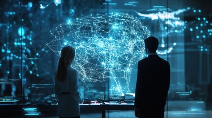 two silhouettes analyzing a digital network visualization on a large screen