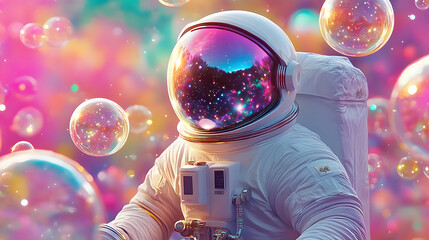 Wall Mural - beautiful painting of an astronaut in in a colorful bubbles galaxy on a different planet.
