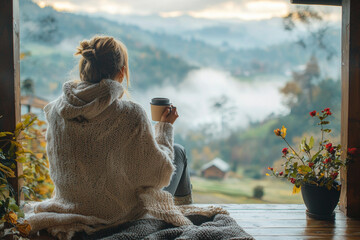 A person sipping coffee on porch overlooking serene landscape, wrapped in cozy sweater. view features misty hills and blooming flowers, creating peaceful atmosphere