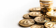 © Ars Nova - Bitcoin crypto token coins stacked on a white background. Investing success, physical currency blockchain, cryptocurrency, value, rising market