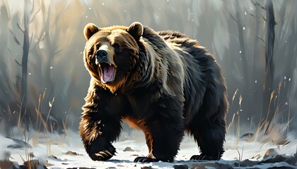 Wall Mural - Elegant fantasy illustration of a bear communicating in the wilderness through charming growls, blending cuteness with a sharp graphic design aesthetic