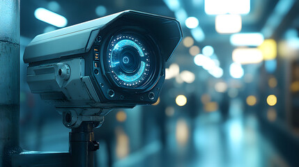 Futuristic Surveillance Camera Close-Up in Public Area