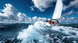 A sailboat cuts through rough, high waves under a beautifully blue sky, with both vessel and sailor showcasing incredible resilience and courage against the elements.