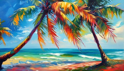 Vibrant tropical seascape with swaying palm trees and stunning ocean hues