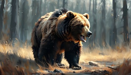 Wall Mural - Elegant fantasy illustration of a bear communicating in the wilderness through charming growls, blending cuteness with a sharp graphic design aesthetic