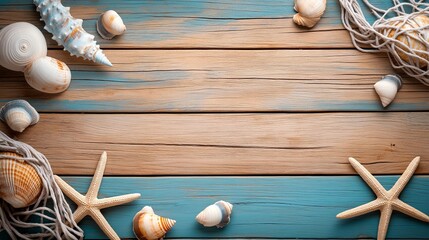 Wall Mural - seashells on the blue wooden table