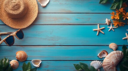 Wall Mural - seashells on the blue wooden table