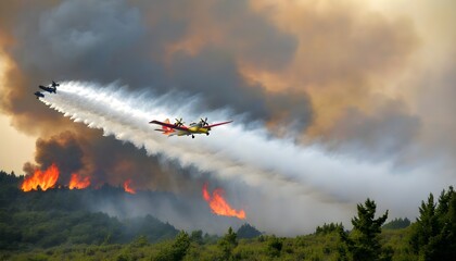 Plane soaring above a fiery forest in Canada during a dramatic aerial view