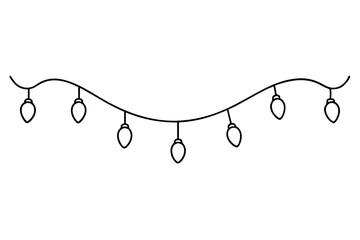 One continuous line drawing of Christmas garland with light bulbs. Festive festoon xmas string and divider border in simple linear style. Editable stroke. Doodle vector illustration