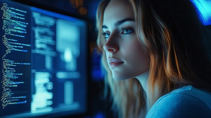 Wall Mural -  Female cyber security analyst analyzing AI cyberspace threats on computer in dark tech office data centre. Blue lighting. IT specialist ethical hacking 