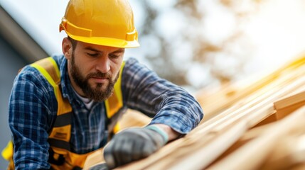 A construction worker wearing a yellow hard hat and protective gear is diligently securing a wooden structure at a construction site, emphasizing safety and precision in work.