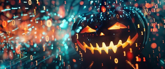 A glowing jack-o'-lantern with a wide grin surrounded by floating binary code and vibrant light bokeh. Halloween image fusing traditional design with digital technology