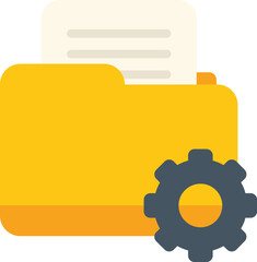 Wall Mural - flat vector illustration of a yellow folder with documents and a gear, representing file management 