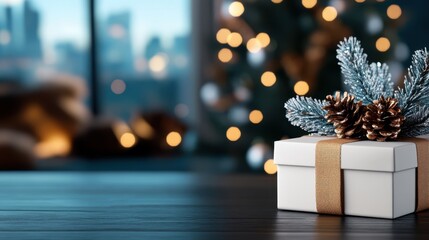 A beautifully decorated gift box adorned with pinecones and a festive ribbon, set against the backdrop of a blurred Christmas tree and cityscape lights in the evening.