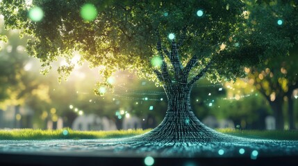 Wall Mural - a digital tree with glowing green lights, representing digital growth and connection in nature.