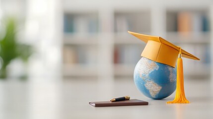 A globe donning a yellow graduation cap is positioned beside a pen and a closed book on an indoor surface, representing education, knowledge acquisition, and academic aspirations.