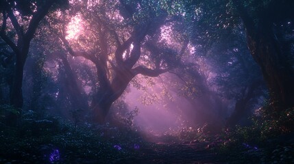 Sticker - Mystical Forest Path with Glowing Flowers and Fog