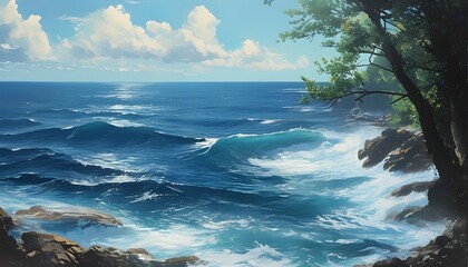 Wall Mural - Serene coastal landscape featuring a breathtaking ocean view blending with the horizon under a clear sky