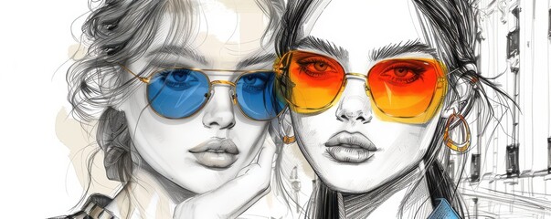 Wall Mural - Artistic sketch of two fashionable women in oversized sunglasses, exuding confidence and style.