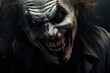 © ratatosk - Creepy evil clown smiling with dark background. Halloween celebration. Party costume concept. Portrait of horror character or villain, evil killer