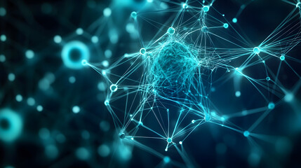 Poster - abstract blue green technology background with a cyber network grid and connected particles artificial neurons global data connections .stock immage