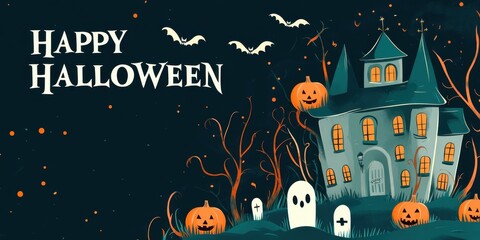 Wall Mural - spooky Halloween background with a haunted house, bats, and a moon on a black color background 