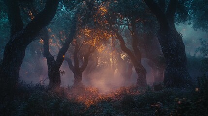 Wall Mural - Sunbeams Illuminating a Misty Forest Path