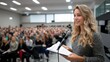 © Pinklife - The image captures a female orator passionately addressing a large crowd, her expression demonstrating determination and eloquence in a formal speaking engagement.