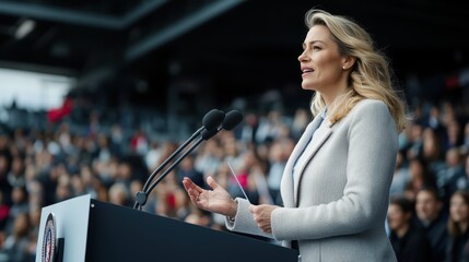 A confident woman stands at a podium, delivering a compelling speech to a large audience gathered for a significant event, highlighting leadership and eloquence.