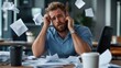 © Pinklife - An exhausted man in a cluttered office, surrounded by flying papers and holding his head, illustrates workplace stress and the burden of administrative tasks.