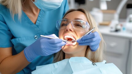 Wall Mural - A close-up of a dental professional wearing a blue face mask and gloves, holding dental tools, examining a patient's teeth during a check-up in a modern dental clinic.