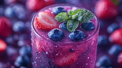 Wall Mural - A refreshing berry smoothie topped with mint and strawberries in a glass.