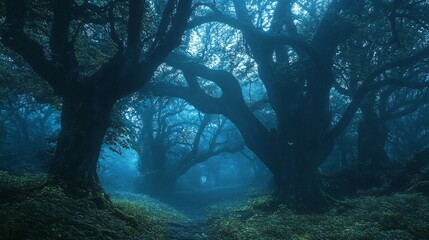 Wall Mural - A Mystical Path Through a Foggy Forest at Night