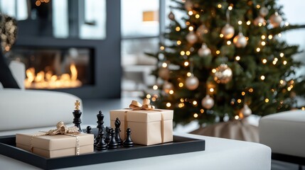 Two beautifully wrapped presents, one adorned with a chess set, are displayed on a black tray against the backdrop of a cozy fireplace and a glowing Christmas tree.