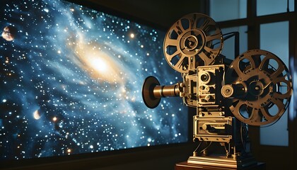 Galactic Dreams: A Vintage Projector Illuminating the Cosmos on Chalkboard, Merging Technology, Knowledge, and Imagination