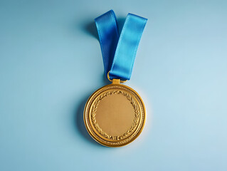 Canvas Print - Gold medal on blue ribbon isolated on white blue background, winning theme.